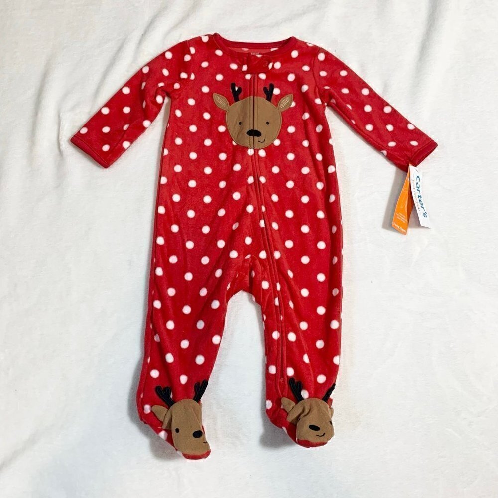 5/$25 NEW Carter's 3m Red Polka Dot Reindeer Fleece Footed Sleeper Pajamas
